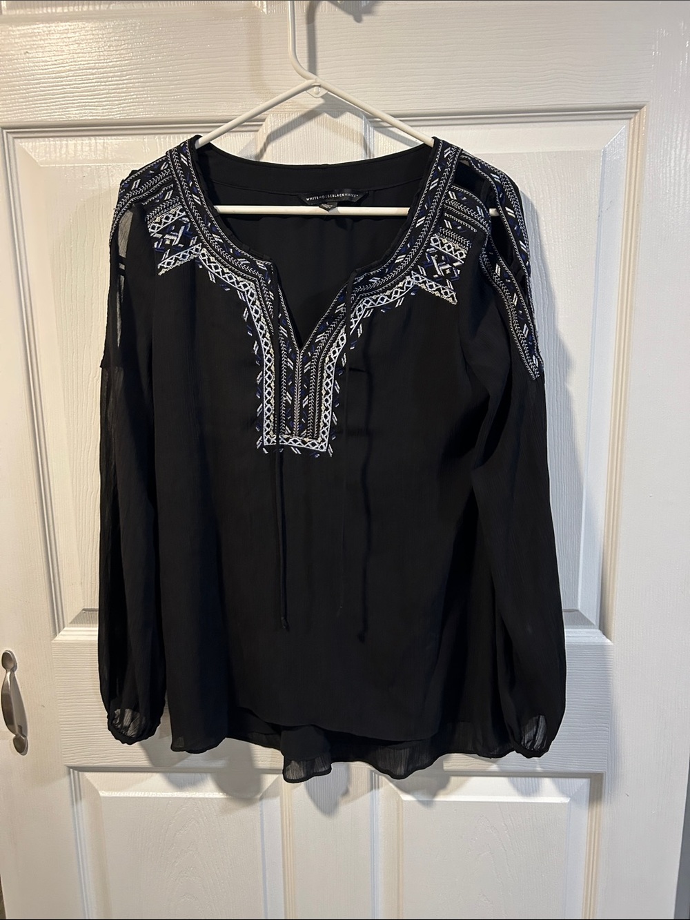 White House Black Market Black Peasant Blouse with White Embroidery